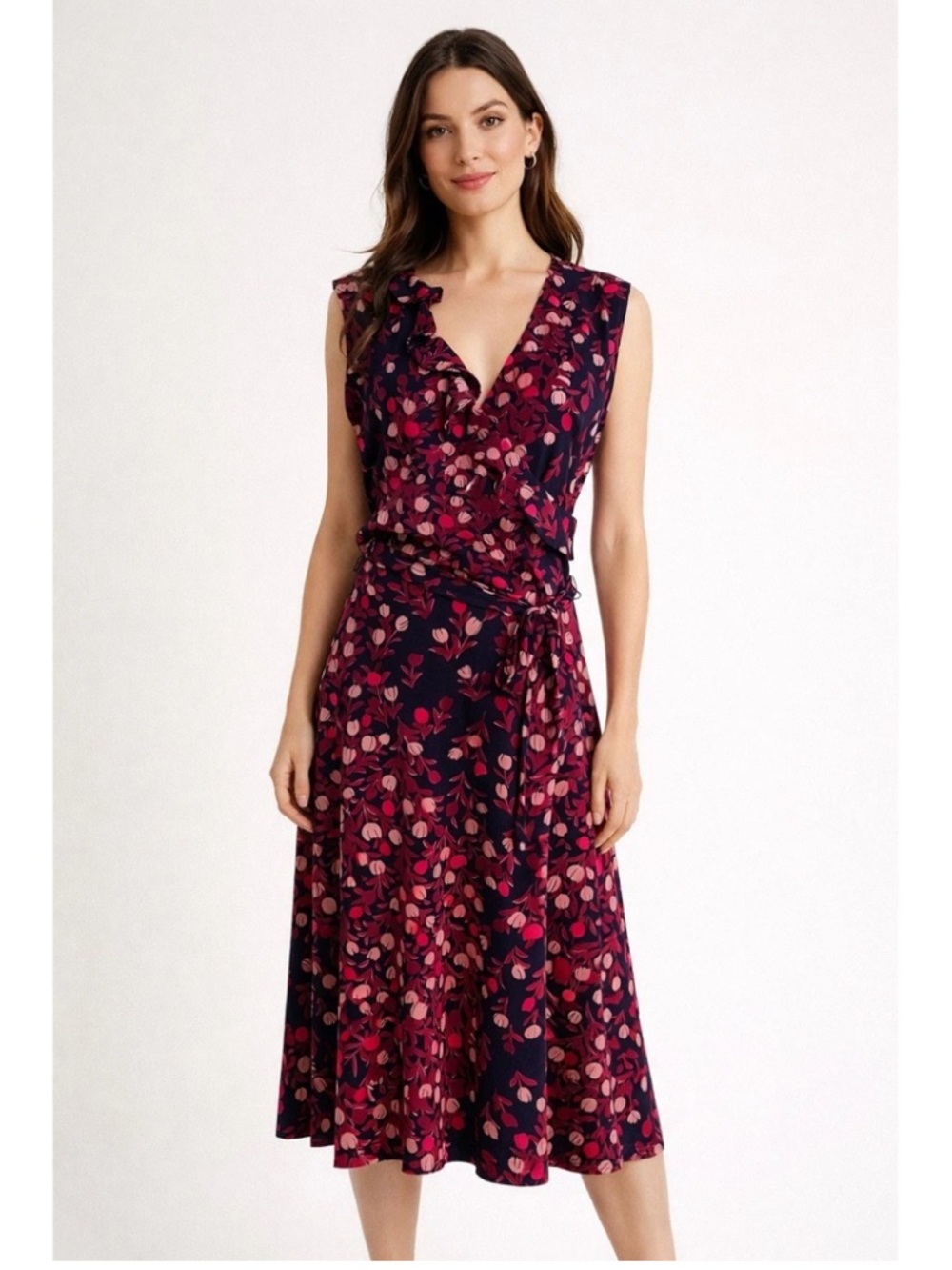 Like New Leota Navy MIDI Dress with Pink Floral Print